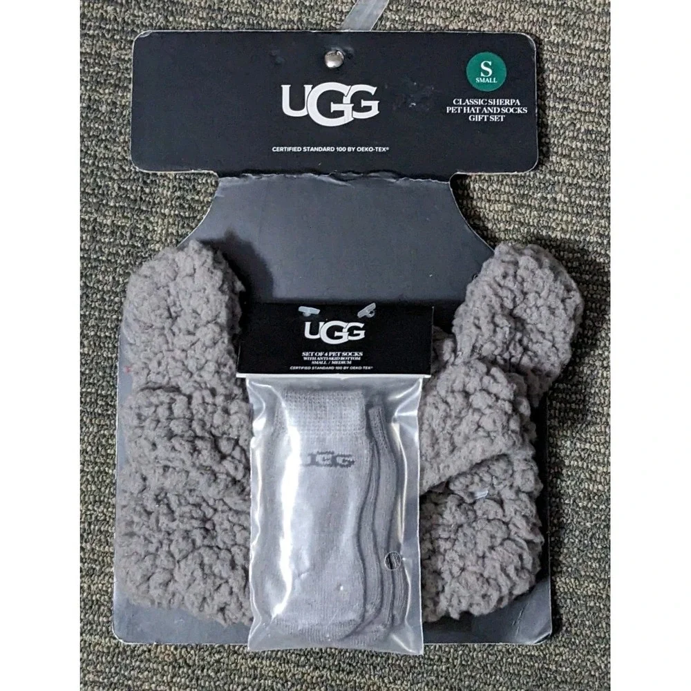 UGG Classic Sherpa Pet Ears Hat &‎ 4 Sock Set Anti-Skid Size Small Dark Gray Dog